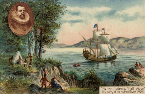 Henry Hudson's ship Half Moon discovering the Hudson River, North America, 1609 (colour litho)