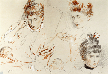 Sketches of Mme,  (red, black and white chalk on cream paper laid down on paper)