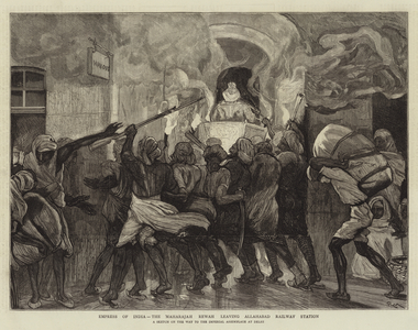 Empress of India, the Maharajah Rewah leaving Allahabad Railway Station (engraving)
