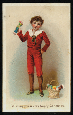 Boy with a basket of Christmas crackers, greetings card. (chromolitho)