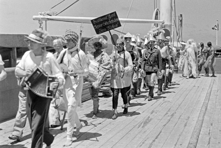 The crew of the factory vessel "Jan Wellem" at the crossing-the-line-ceremony, 1930s (b/w photo)
