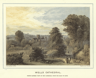 Wells Cathedral, north eastern view of the cathedral from the road to bath (colour litho)