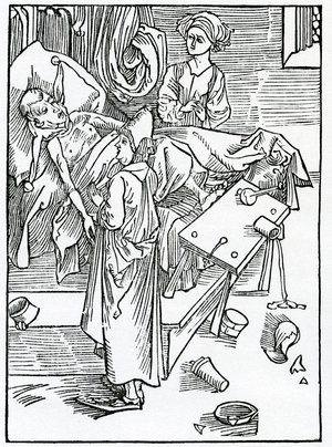 Of them that be diseasyd and seke and ar impacient and inobedyent to the Phesycyan,  illustration from Alexander Barclay's English translation of 'The Ship of Fools', from an edition published in 1874 (engraving)