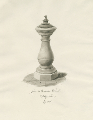 Font in Enville Church: sepia drawing, 1846 (drawing)