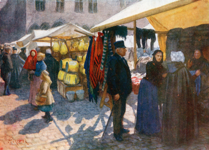 A Corner of the Market on the Grande Place, Bruges (colour litho)