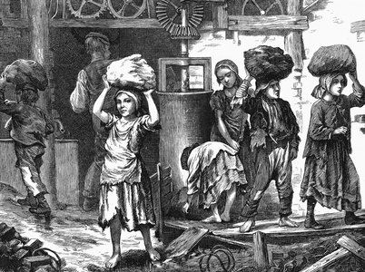 Children carrying loads of clay in the brickyards of the English Midlands, 1871 Wood engraving.