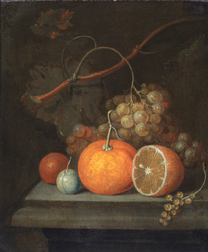 Still life of fruit: a blood orange, cut lemon and a bunch of grapes on a table (oil on canvas)