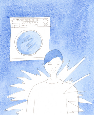 A washing machine's interior is kept bright and shining through the movement of the clothes in it, in frequent washes, 2002 (w/c on paper)