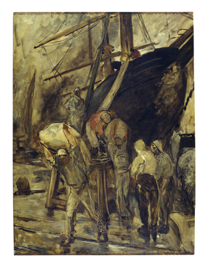 Unloading the ship (oil on canvas)
