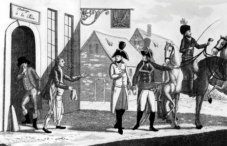 Cartoon about general Napoleon Bonaparte and his campaigns against italians and austrians in 1797, engraving