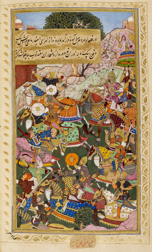 Babur's army attacking Bishkaran (1500) (coloured by Tiriyya, outline by Tulsi).