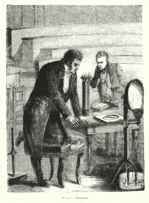 Danish physicist Hans Christian Oersted discovering electromagnetism, 1820 (engraving)