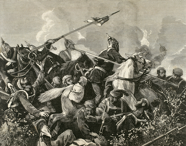Third Carlist War (1872-1876). Fight between Carlist and liberal troops (engraving)