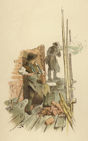 Builders working on a house (colour litho)