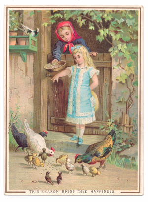 A Victorian greeting card of two girls feeding the poultry, c.1880 (colour litho)