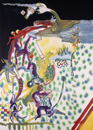 Ape; Affen, 1974 (acrylic, spray paint and paper collage on canvas)