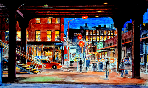 Under the Highline at Night, From the Whitney Museum, 2018, (watercolor)