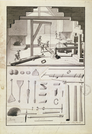 Foundry, drawing for the 'Description des Arts et Métiers', by L. Simonneau, which inspired Diderot for the Encyclopédie (litho)