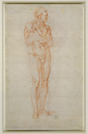 Standing male nude, c.1515-20 (chalk on paper) (verso of 3715476)