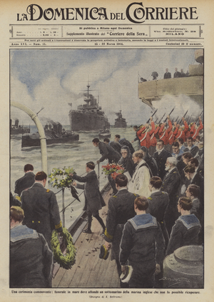 A moving ceremony, funeral at sea where I sink a submarine of the English Navy that  (colour litho)
