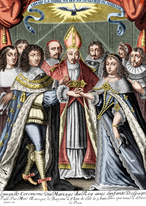 Wedding of king Louis XIV with Maria Theresa of Austria, 17th century (engraving)