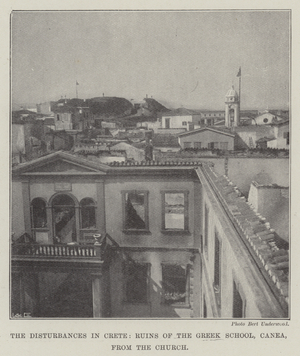 The Disturbances in Crete, Ruins of the Greek School, Canea, from the Church (b/w photo)