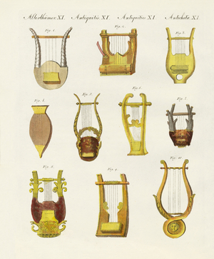Musical instruments of the ancients -- lyres and zithers (coloured engraving)