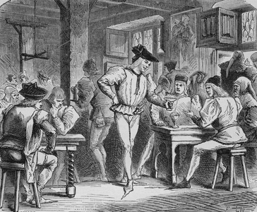 interior of an inn in paris in the 13th century (engraving)