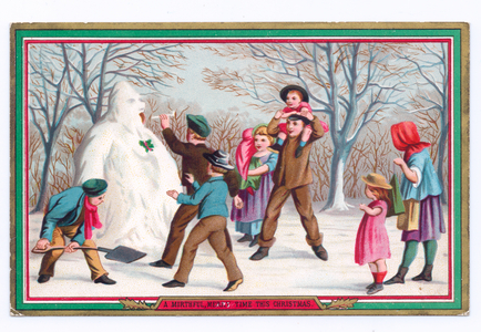 A Victorian Christmas card of children building a snowman, c.1880 (colour litho)