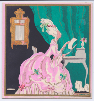A hand-coloured French Pochoir greeting Card of a lady with an elaborate Louis XV dress and high wig writing a billet doux at her bureau, circa 1920 (stencil)