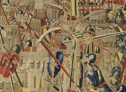 Tapestry showing the Conquests of king Alfonso V of Portugal (Conquistas de Alfonso V de Portugal), Tournai. Detail. (Wool and silk)
