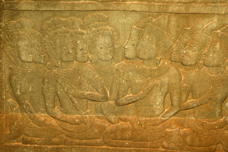 Kurukshetra (from Hindu Mahabarat epicentury), meeting opposing armies, carving, Budhhist-Hindu Temple, Angkor Wat, Siem Reap, Cambodia