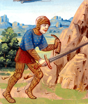 Death of Roland the knight at the battle of Roncevaux, 778 : he's trying to break his sword and he's holding his oliphant horn, illumination from "Les Grandes Chroniques de France", 1493, coll. BnF-Paris