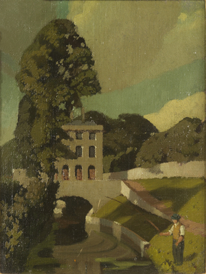 Man Fishing Below a Mill (oil on canvas)