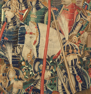 Parish museum of tapestries (Museo Parroquial de Tapices de Pastrana). Flemish tapestry. Conquest of Tanger (Toma de Tánger, De inname van Tanger). Series Conquests of king Alfonso I of Portugal (Conquistas de Alfonso V de Portugal). Tournai. Wool and silk. 1472-1480. 368x1108cm. Detail.