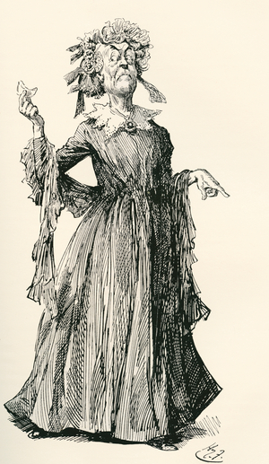 Mr. F.'s Aunt.   Illustration by Harry Furniss for the Charles Dickens novel Little Dorrit, from The Testimonial Edition, published 1910.