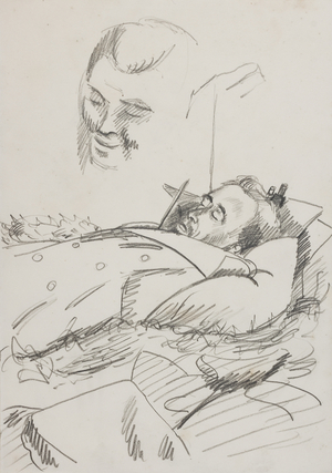 Lubeck, POW sleeping at the end of the March, 1945 (pencil on paper)