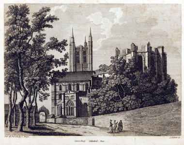 View of Canterbury Cathedral from south-east with figures walking, 1784 (engraving)