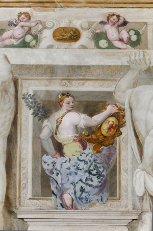 Fetail of a female figure holding the heraldic coat of arms of the Caldogno family., Main Hall, c.1570 (fresco)