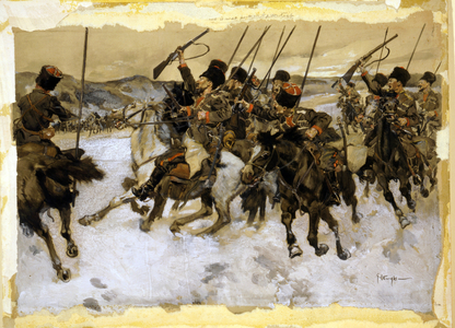 Russian Cossacks attacking a baggage train (watercolour)