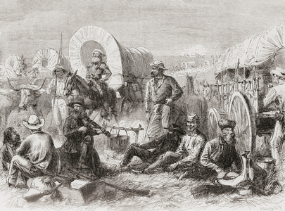 A wagon train crosssing to the western United States camped at night.   (print)