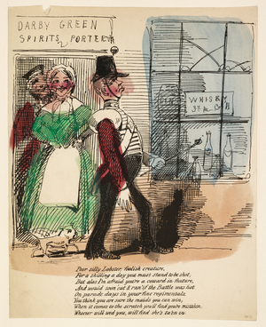 Illustration on a Valentine's card. Card showing a soldier passing a shop selling alcoholic beverages.