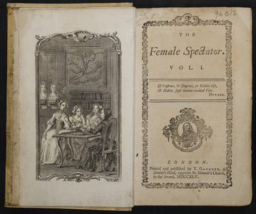 Title Page of The Female Spectator with sketch of four women leaning on a table.