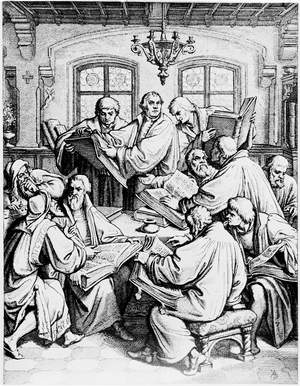 Martin Luther translating the Holy Bible from Latin to German language