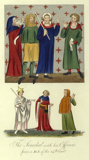 The senechal with his officers, 14th Century (coloured engraving)