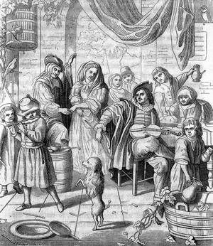 Musicians play for a dancing dog which has been trained to perform on its hind legs, 19th century engraving by unidentified artist after a 1665-1667 painting by Jan Steen (b/w engraving)