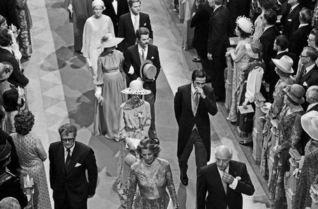 Heads of state and monarchs leaving the church after King Carl XVI Gustaf of Sweden married the German Silvia Sommerlath at Stockholm, Sweden 1976