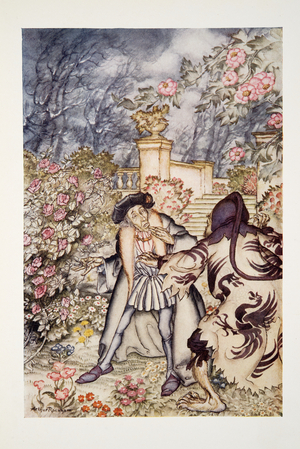He heard a loud noise, and saw coming towards him a beast, so frightful to look at that he was ready to faint with fear, from The Arthur Rackham Fairy Book, pub. 1933 (colour litho)