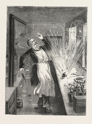 The Explosion : Mr, Larkin Opening the Box, an Attempt to Murder at Clerkenwell, London, Engraving 1876, UK