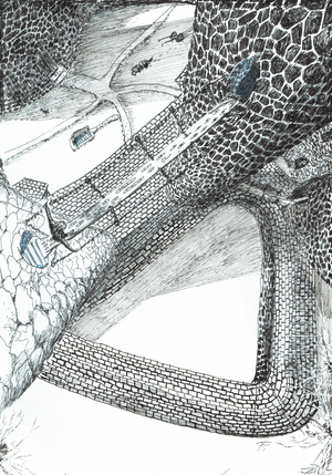 The Castle in the Forest of Findhorn, skybridge, 2006, (ink on paper)